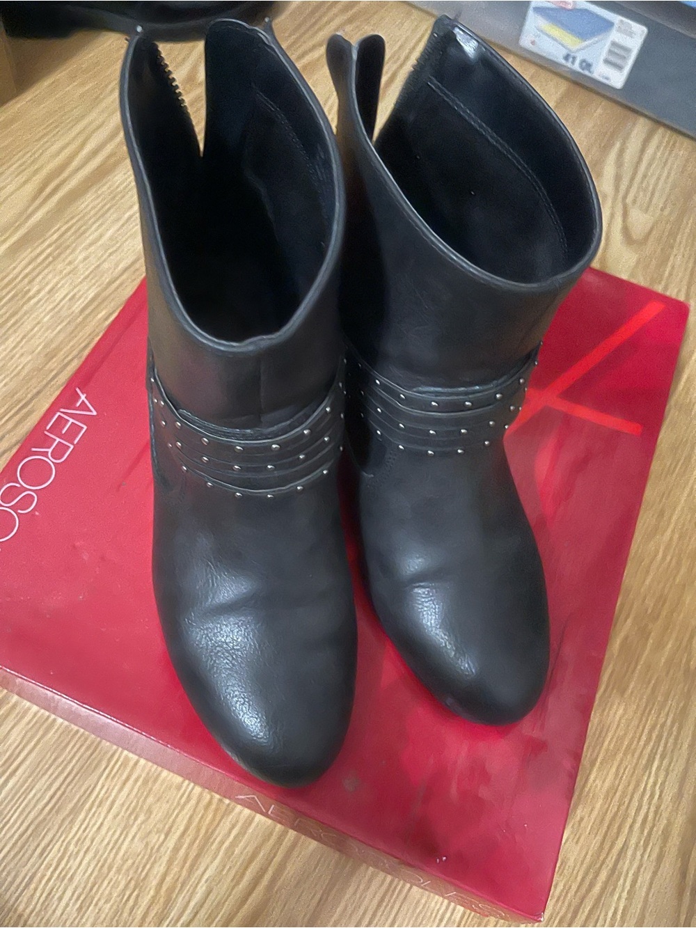 AEROSOLES Black Stud Strap Ankle Boots
